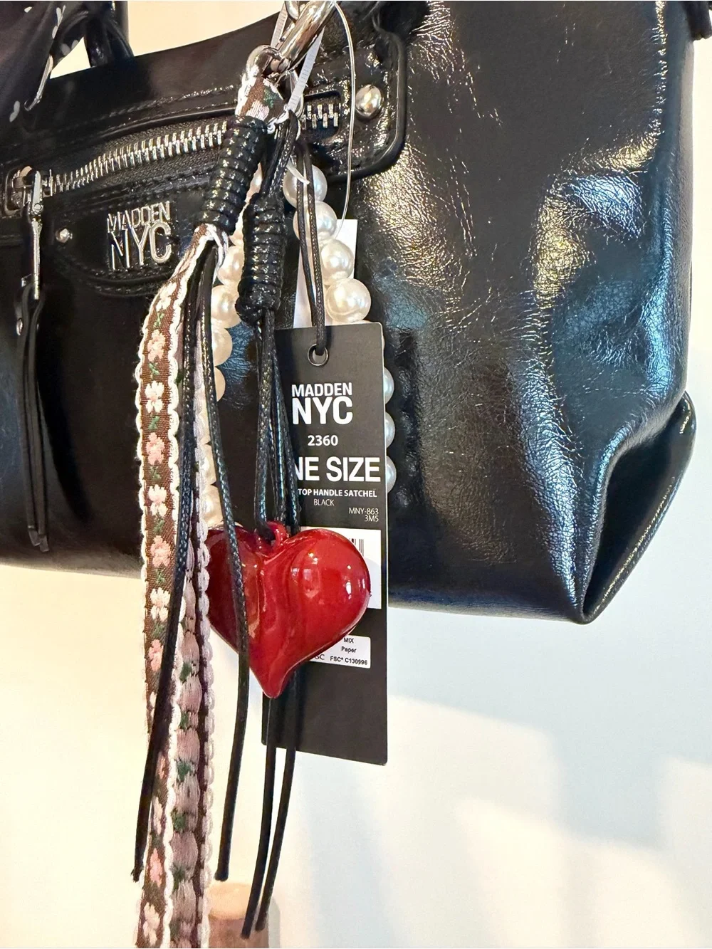 Madden NYC Women's Small Top Handle Satchel Bag Charms Keychains, Black NEW